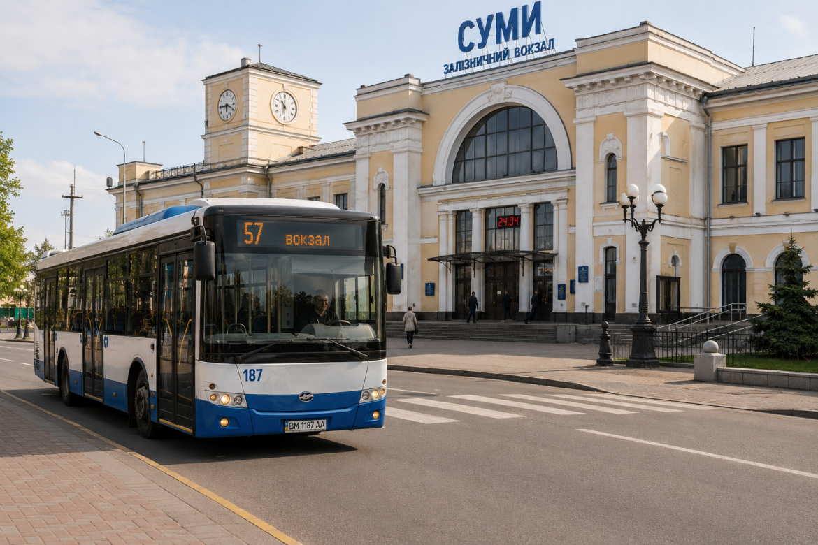 Автобус №57 на маршруті "вокзал" перед будівлею залізничного вокзалу Суми