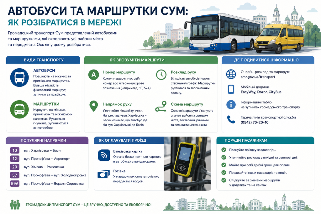 Інфографіка про автобуси та маршрутки Сум, оплату проїзду та популярні напрямки