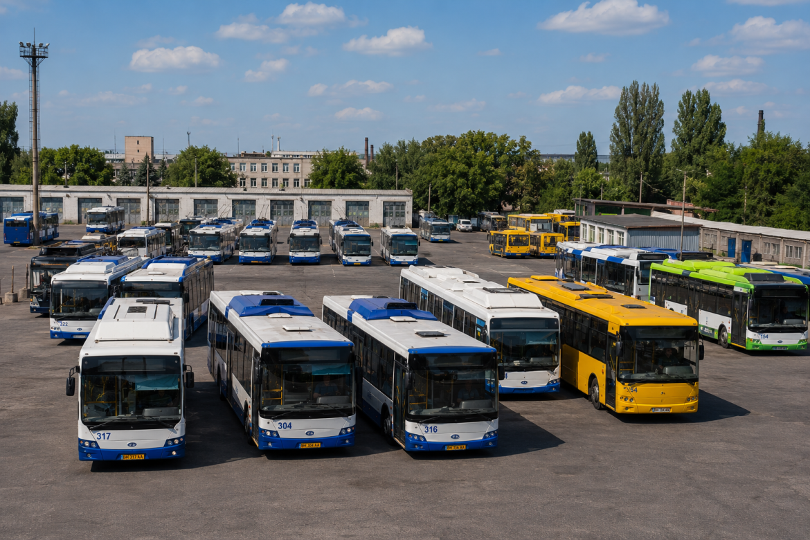 Ряди тролейбусів та автобусів на території автобусного парку в Сумах