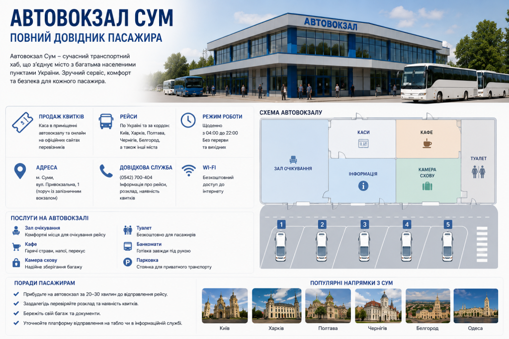 Інфографіка про автовокзал Сум зі схемою будівлі та популярними напрямками