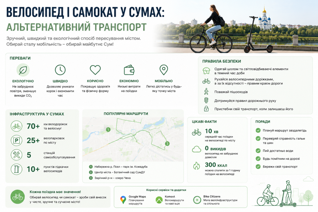Інфографіка про велосипеди та самокати як альтернативний транспорт у Сумах