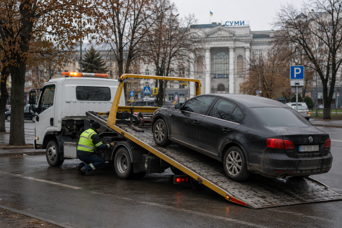 Евакуатор завантажує легковий автомобіль на платформу на тлі будівлі в Сумах