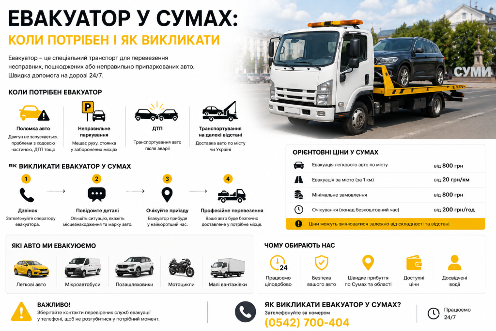Інфографіка про послуги евакуатора в Сумах, ціни та порядок викликання