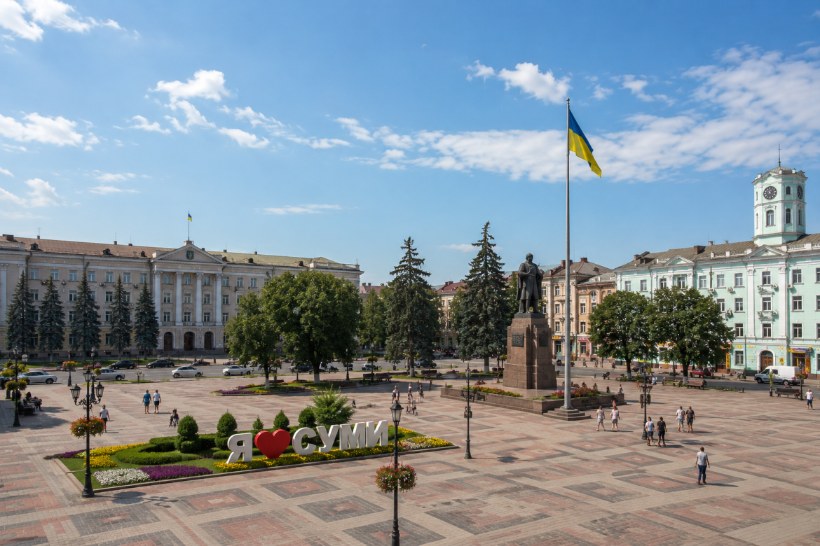 Панорама центральної площі Сум із квітниками, написом «Я ❤ Суми», пам'ятником, щоглою з прапором України та історичними будівлями адміністрації та міської ради