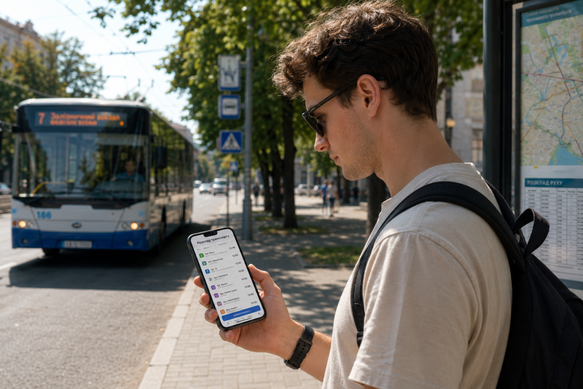 Пасажир перевіряє розклад тролейбуса на телефоні, стоячи на зупинці