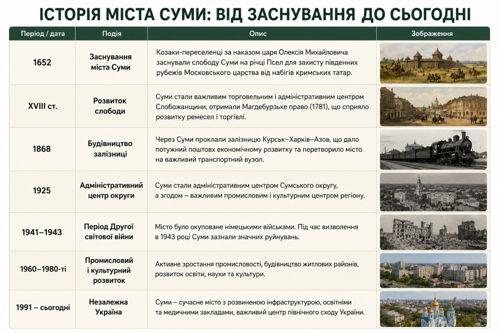 Інфографіка з хронологією історії міста Суми: заснування у 1652 році, розвиток у XVIII столітті, будівництво залізниці в 1868 році, Друга світова війна та незалежна Україна з 1991 року