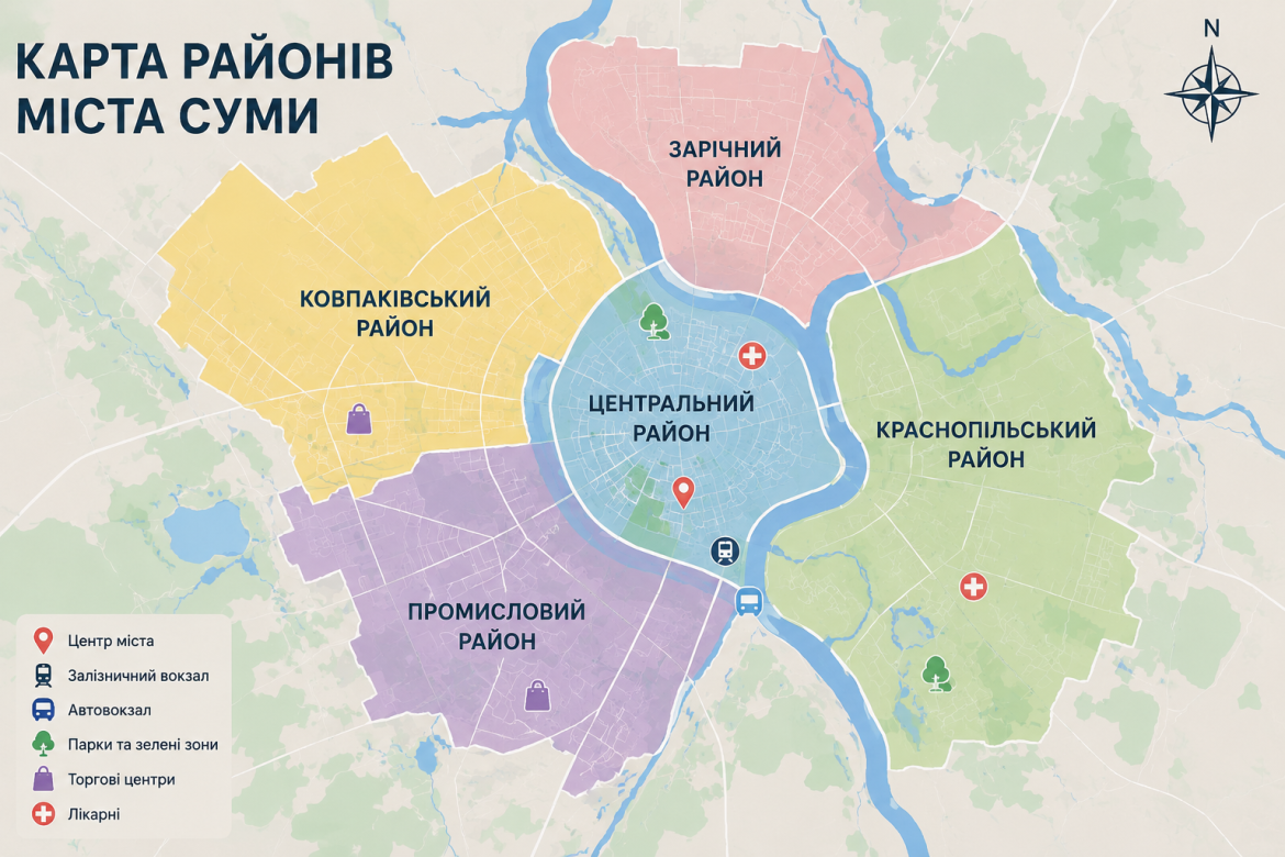 Кольорова карта районів міста Суми з позначками центру міста, залізничного вокзалу, автовокзалу, парків, торгових центрів та лікарень