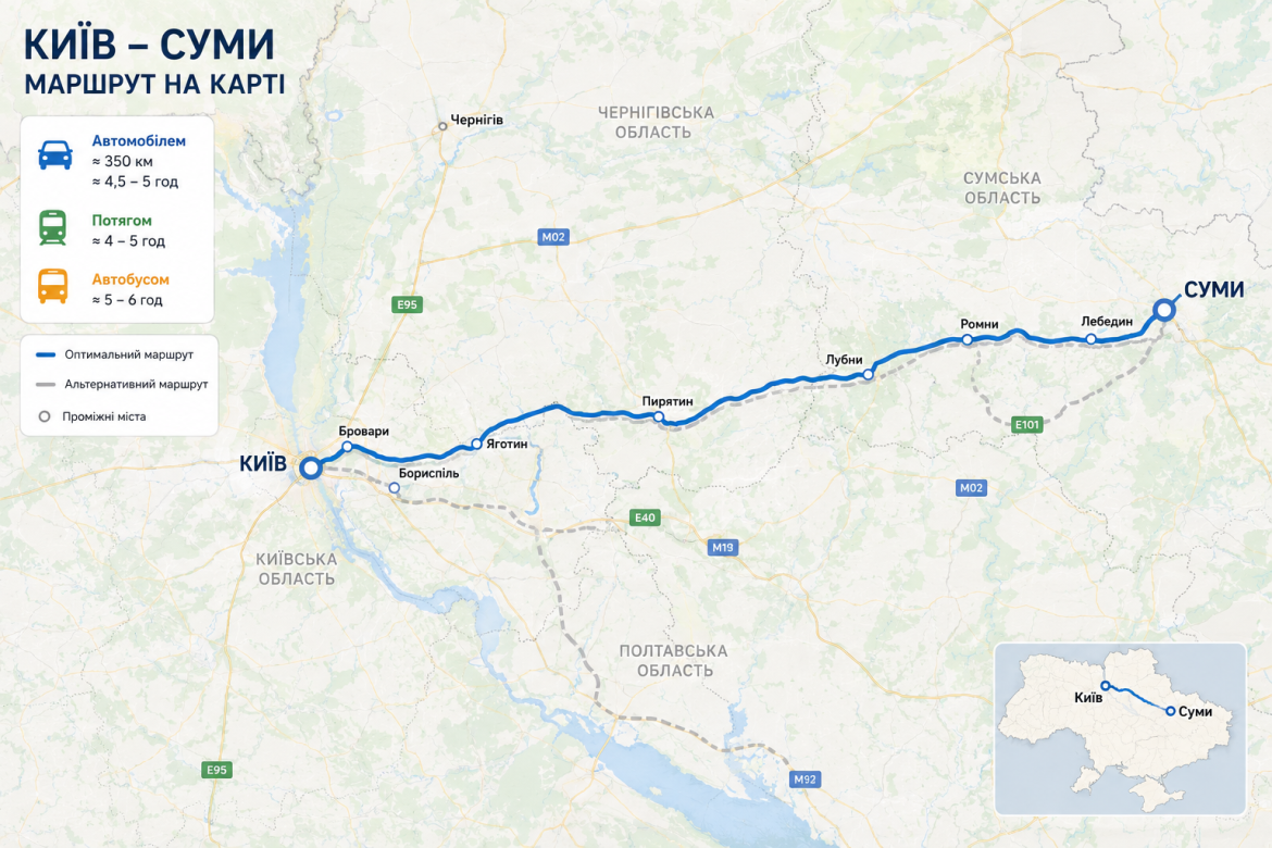 Карта автомобільного маршруту між Києвом та Сумами з проміжними містами