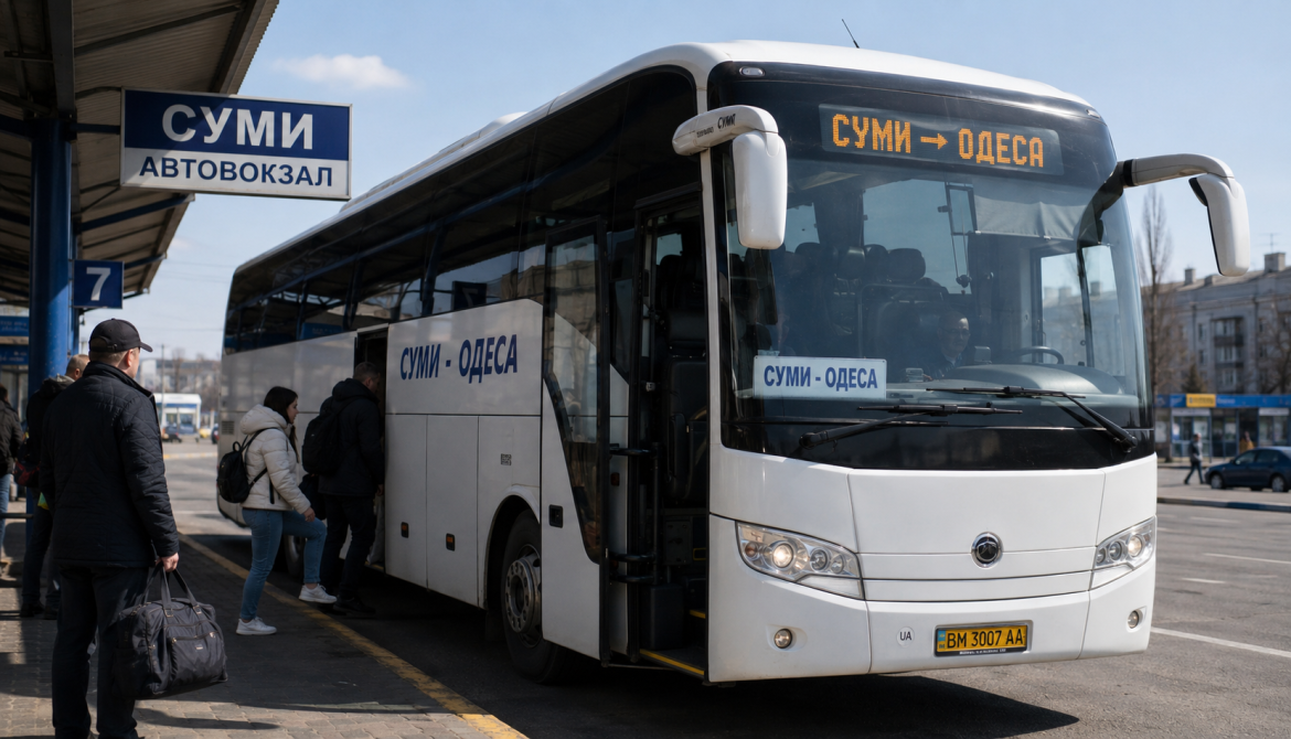 Пасажири сідають у автобус з табличкою "Суми — Одеса" на автовокзалі
