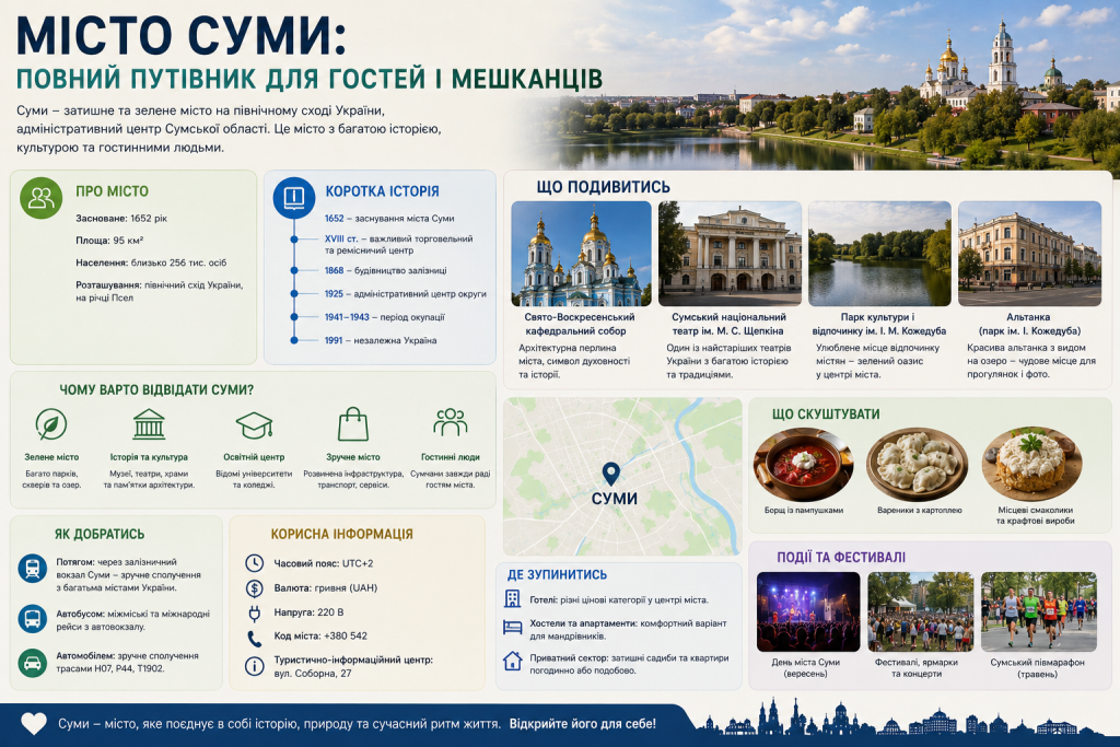 Інфографіка-путівник по місту Суми з фото визначних пам'яток, картою міста, інформацією про населення, транспорт, місцеву кухню, події та корисними даними для туристів