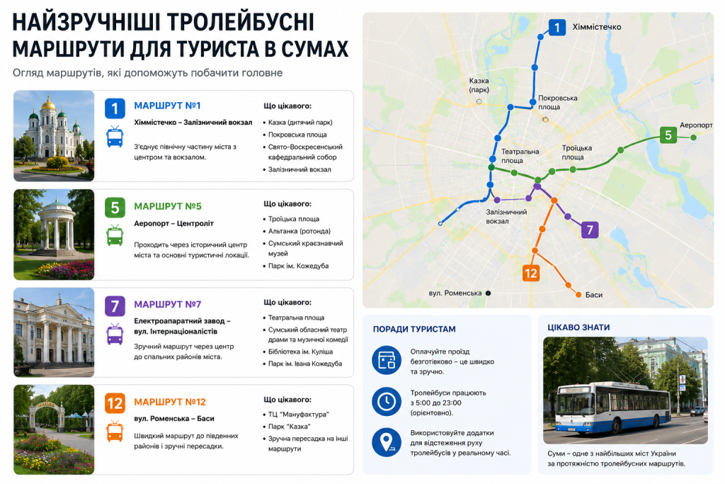 Інфографіка з туристичними тролейбусними маршрутами №1, 5, 7, 12 та картою Сум