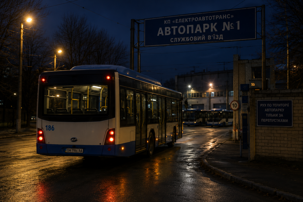 Нічний автобус КП "Електроавтотранс" біля в'їзду в автопарк №1
