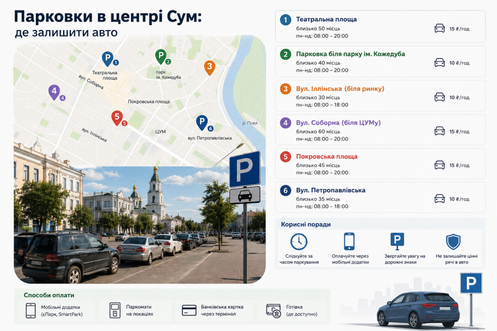 Інфографіка з картою та переліком платних парковок у центрі Сум