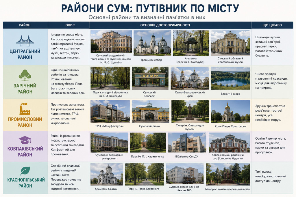 Інфографіка-путівник по районах Сум із фото основних пам'яток: театр Щепкіна, Троїцький собор та музей у Центральному районі, зоопарк і парк Кожедуба в Зарічному, ТРЦ і ринок у Промисловому, університет у Ковпаківському та храми Краснопільського району