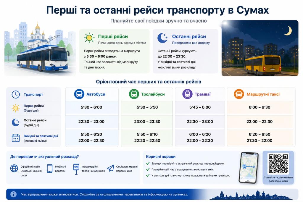 Інфографіка з графіком перших і останніх рейсів автобусів, тролейбусів, трамваїв та маршруток Сум