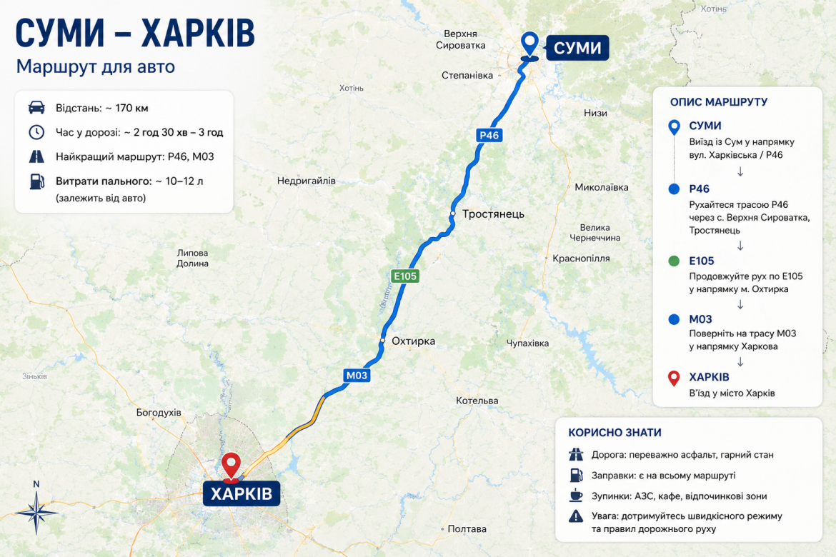 Карта автомобільного маршруту Суми — Харків з описом дороги та орієнтирами