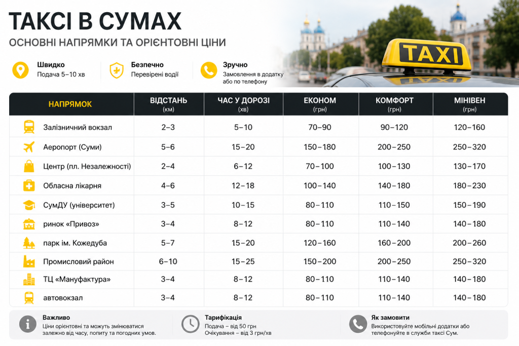 Таблиця з цінами на таксі в Сумах за різними напрямками та класами авто