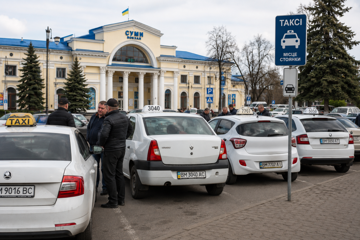 Таксі стоять на парковці біля залізничного вокзалу Суми