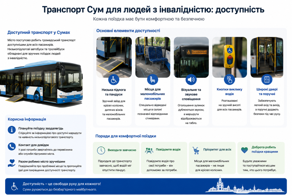 Інфографіка про елементи доступності громадського транспорту Сум для людей з інвалідністю