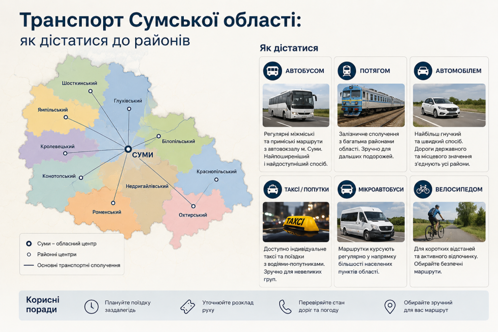 Інфографіка з картою Сумської області та способами дістатися до районних центрів