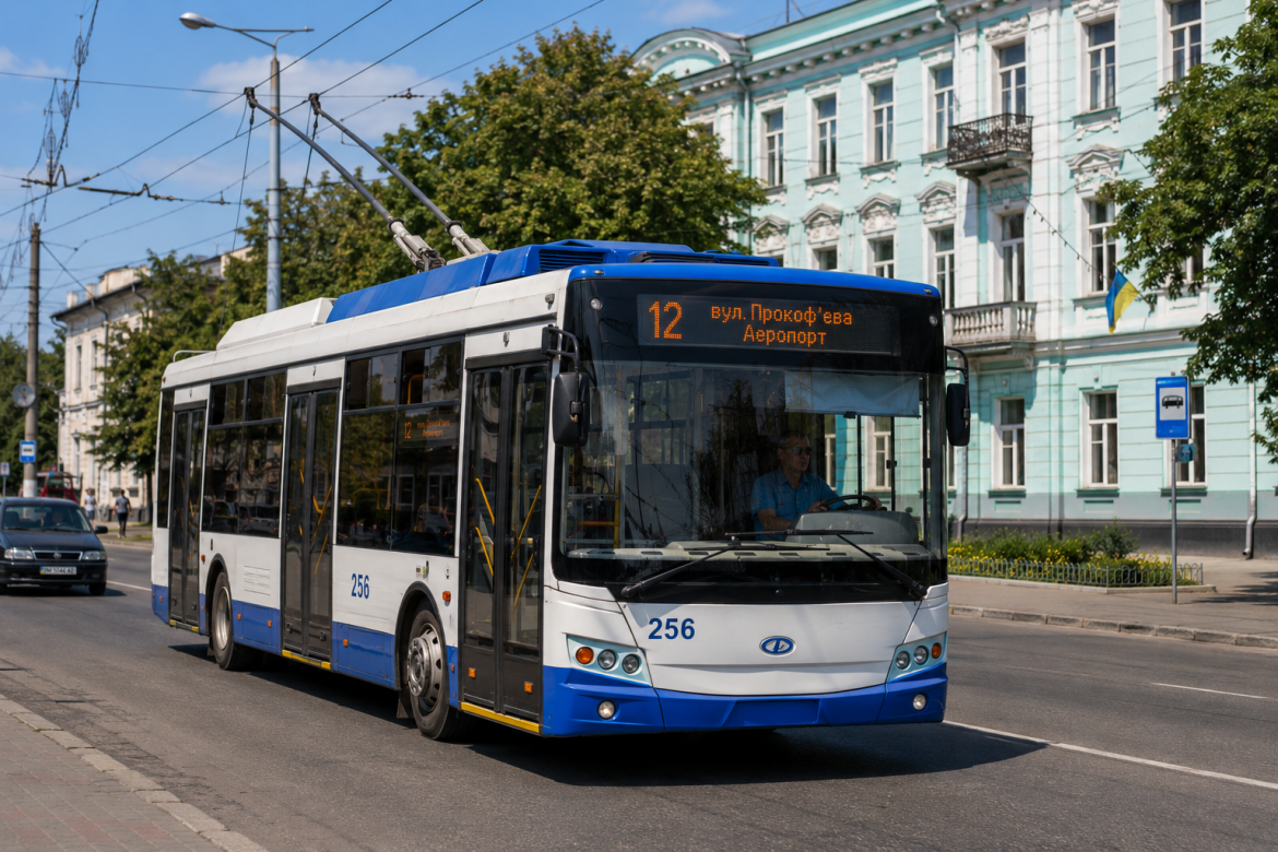 Синьо-білий тролейбус №12 їде вулицею Сум повз історичну будівлю