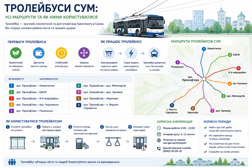 Інфографіка з картою тролейбусних маршрутів Сум та інструкцією користування