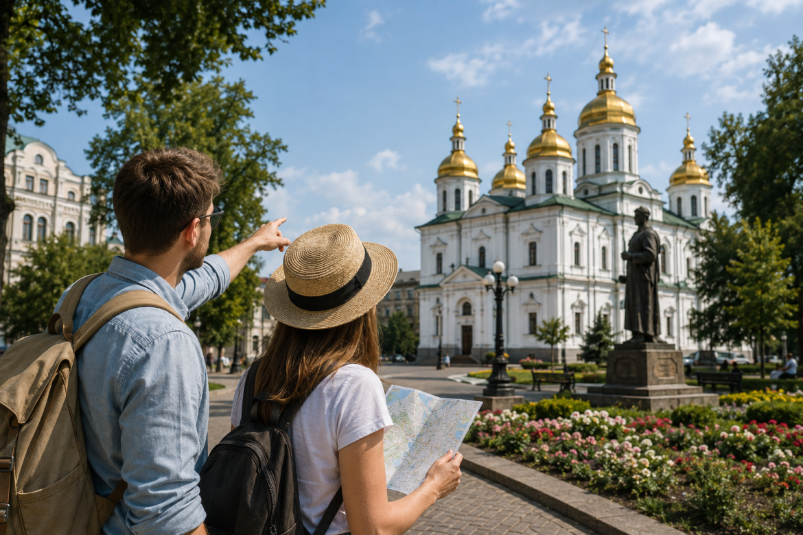 Чоловік і жінка з картою та рюкзаками розглядають Спасо-Преображенський собор у Сумах