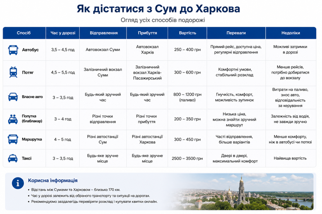 Таблиця порівняння транспорту між Сумами та Харковом: ціни, час, переваги