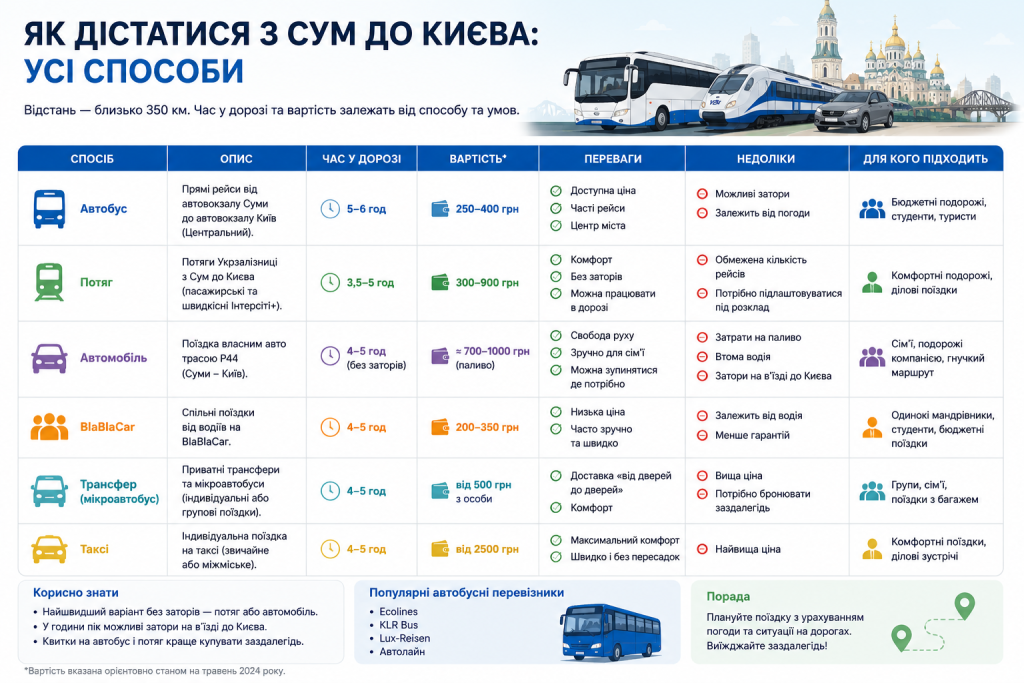 Таблиця порівняння способів подорожі з Сум до Києва: автобус, потяг, авто, BlaBlaCar, таксі