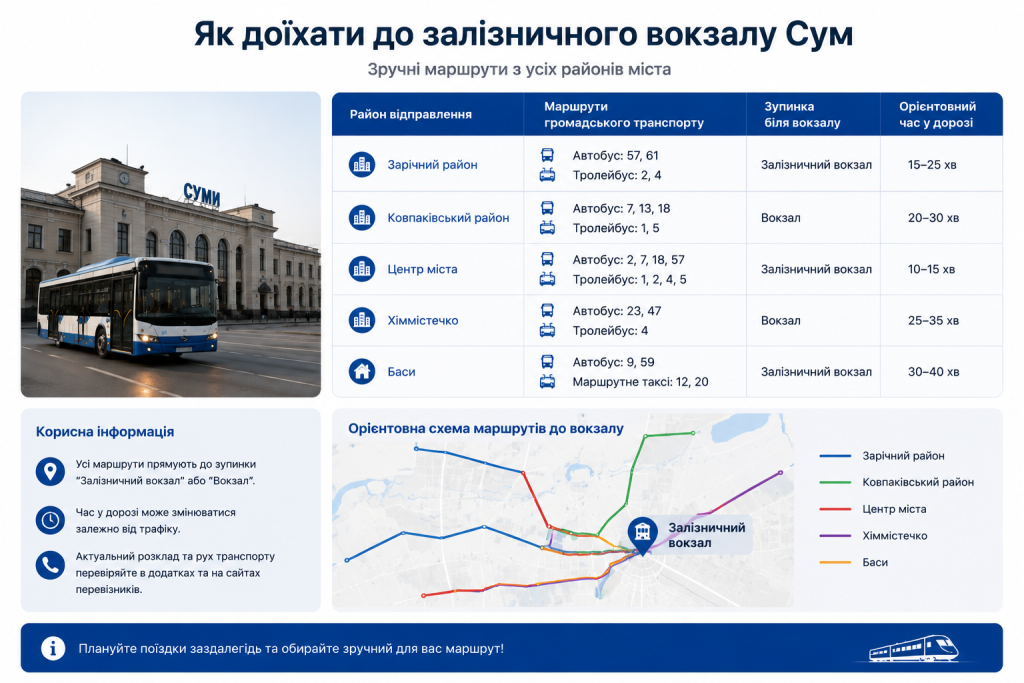 Інфографіка з маршрутами громадського транспорту до залізничного вокзалу з різних районів Сум