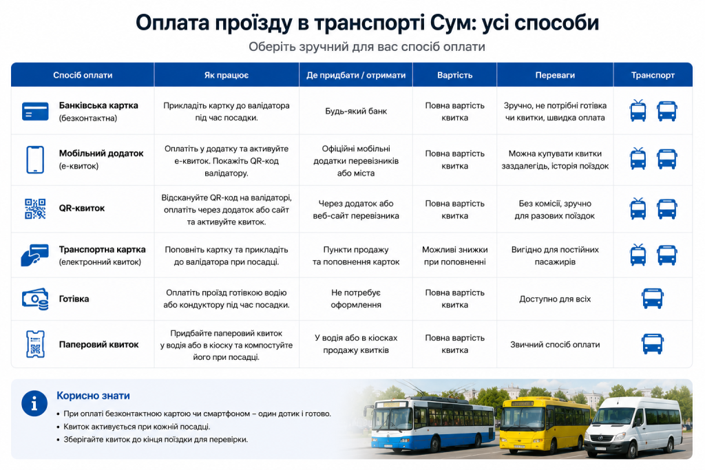 Інфографіка зі способами оплати проїзду в громадському транспорті Сум