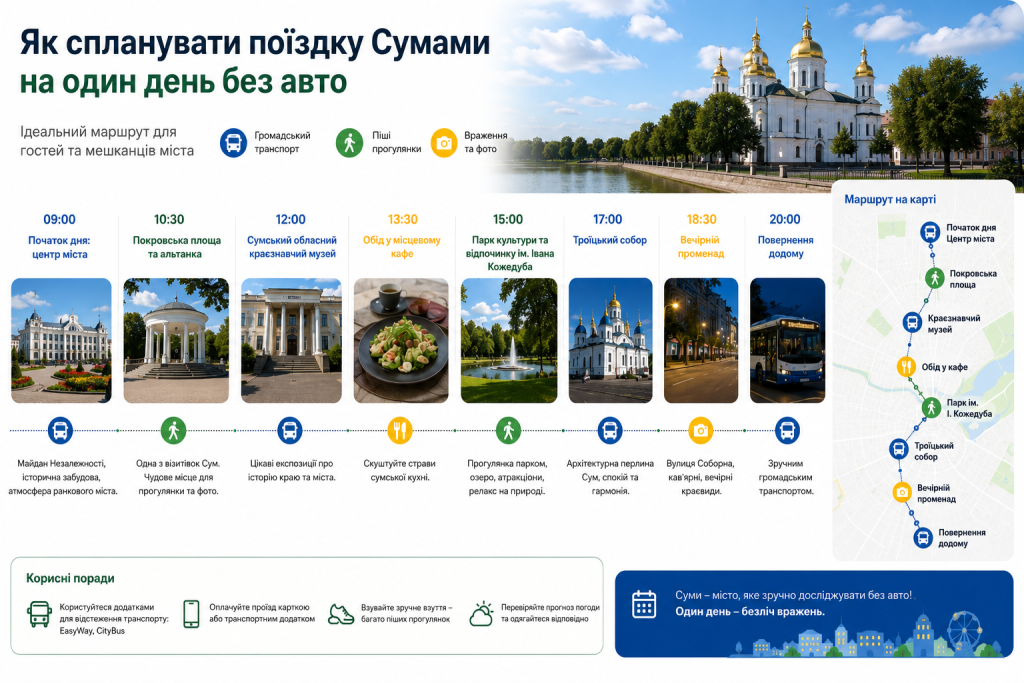 Інфографіка з покроковим маршрутом для одноденної подорожі Сумами громадським транспортом