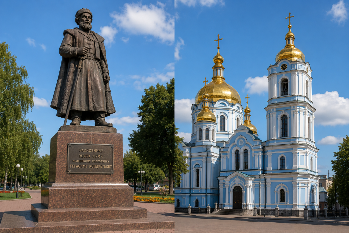Ліворуч — бронзовий пам'ятник засновнику міста Суми козацькому полковнику Герасиму Кондратьєву, праворуч — біло-блакитний Свято-Воскресенський кафедральний собор із золотими куполами