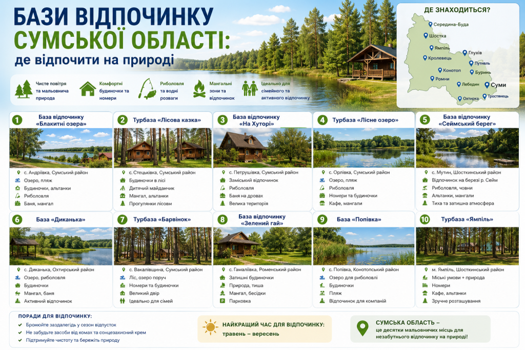 Інфографіка з найкращими базами відпочинку Сумської області. Представлено популярні туристичні комплекси, карту розташування, умови проживання та можливості для сімейного дозвілля.