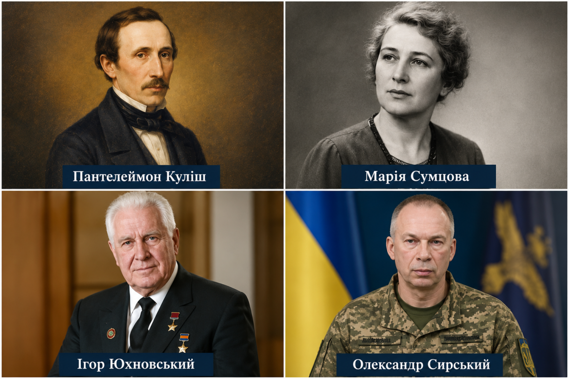 Колаж з портретами чотирьох відомих уродженців Сумщини: письменника Пантелеймона Куліша, співачки Марії Сумцової, вченого Ігоря Юхновського та генерала Олександра Сирського
