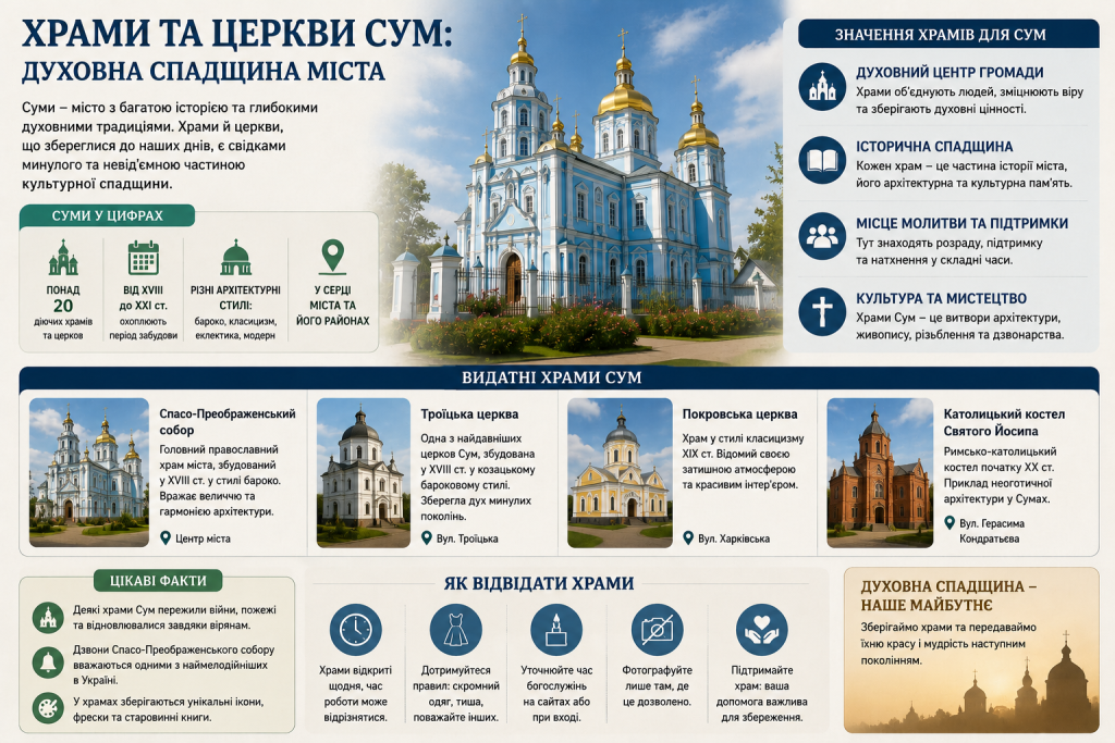 Інфографіка про храми і церкви Сум: Спасо-Преображенський собор, Троїцька та Покровська церква, католицький костел Святого Йосипа та поради для відвідувачів