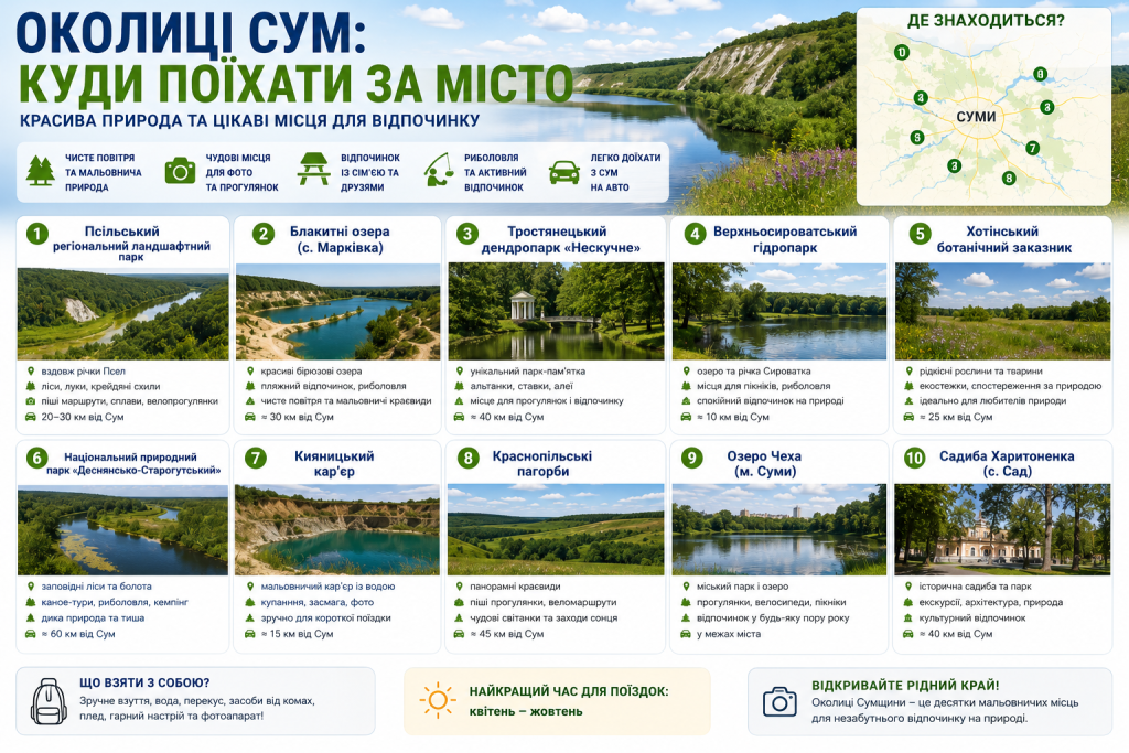 Інфографіка про найкращі місця поблизу Сум для відпочинку на природі. Добірка ландшафтних парків, озер, заповідників і туристичних локацій із картою та рекомендаціями.
