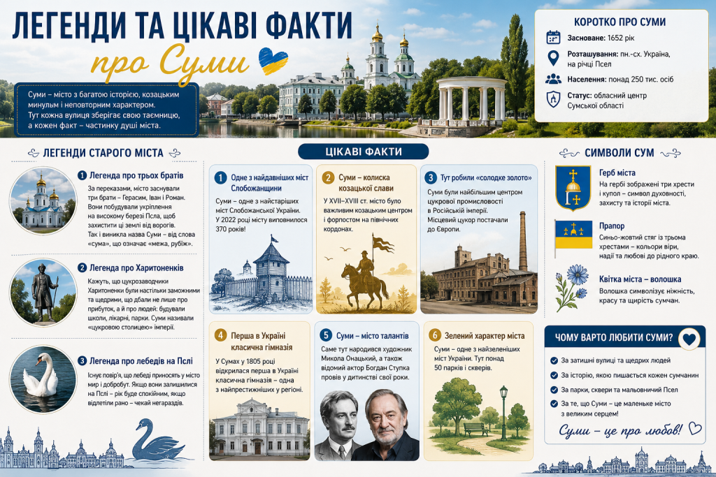 Інфографіка про легенди, історичні факти, символи та визначні особливості міста Суми