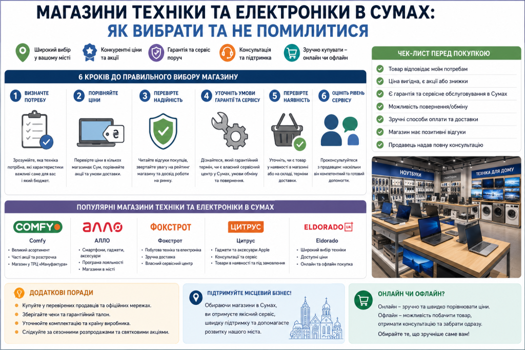 Інфографіка про вибір магазину техніки та електроніки в Сумах із порадами, чек-листом та популярними мережами