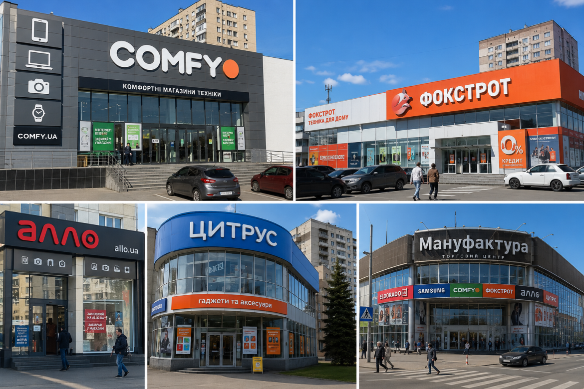 Колаж із магазинами COMFY, Фокстрот, Алло, Цитрус і торговим центром «Мануфактура» у Сумах
