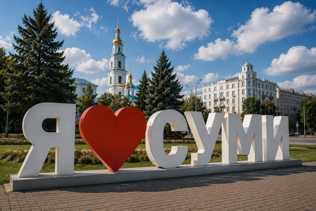 Відомий артоб'єкт «Я люблю Суми» на тлі Спасо-Преображенського кафедрального собору. Одна з найпопулярніших туристичних локацій міста для фотографій і прогулянок.