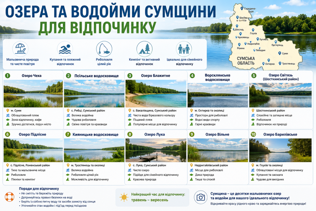 Інфографіка про популярні озера та водойми Сумської області для купання, риболовлі, кемпінгу й сімейного відпочинку. Карта розташування та корисні поради для туристів.