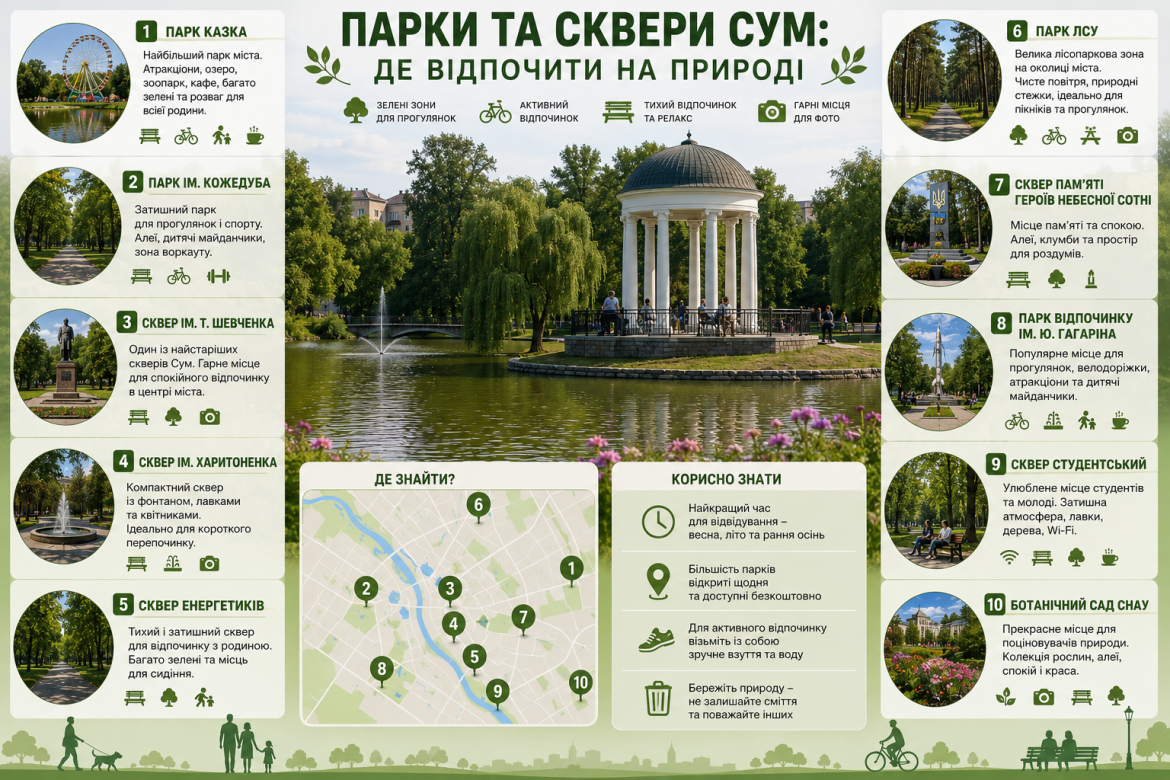 Інфографіка з переліком 10 парків та скверів Сум із описом, зручностями та картою розташування