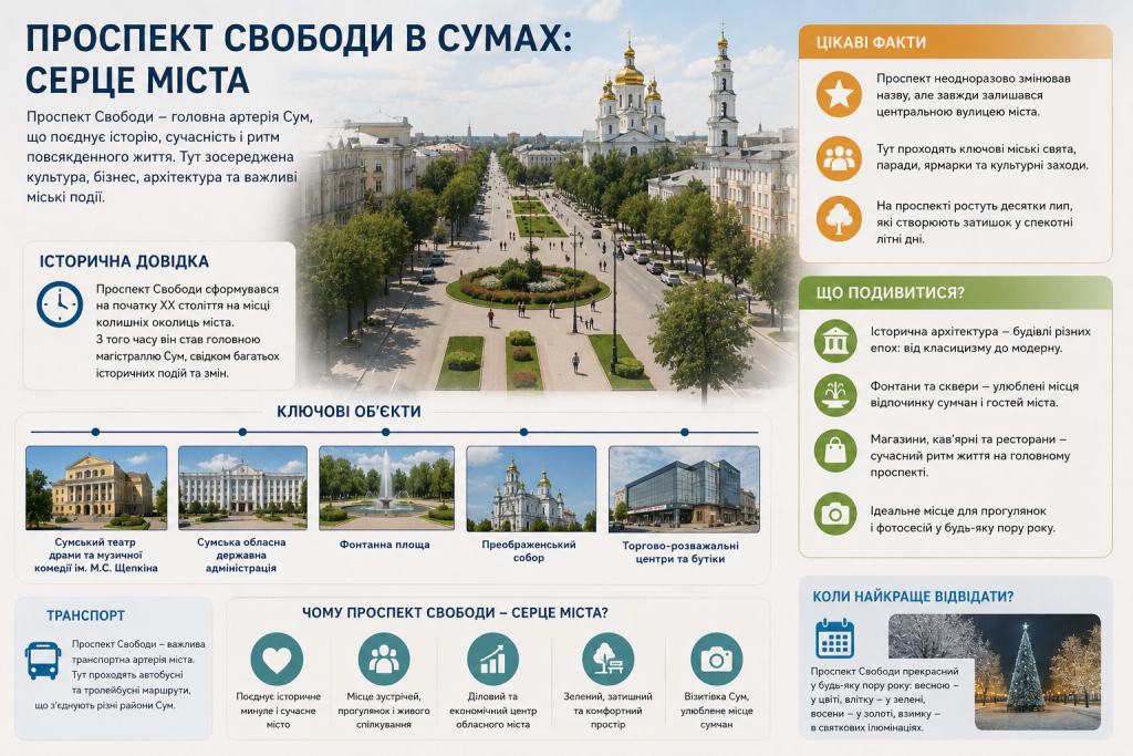 Інфографіка про Проспект Свободи в Сумах: ключові об'єкти, історична довідка, транспорт та найкращий час для відвідування