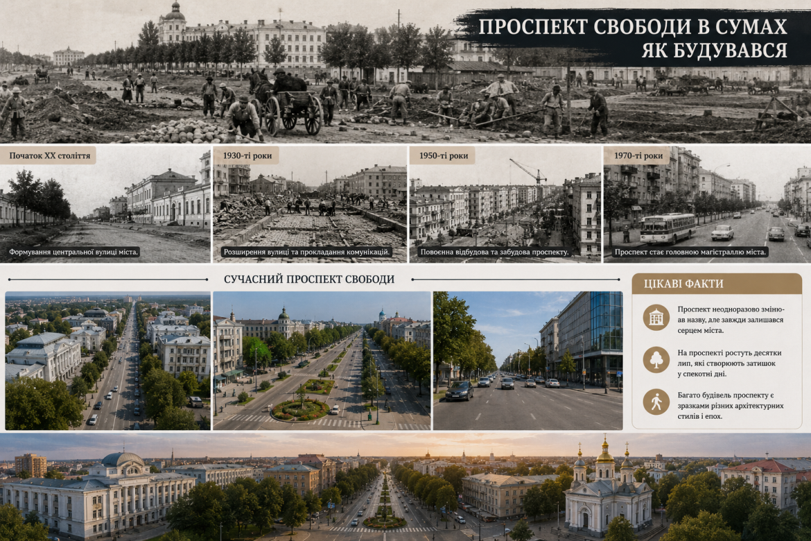 Фотоколаж з архівними знімками будівництва Проспекту Свободи в Сумах різних епох — від початку ХХ століття до сучасного вигляду з висоти пташиного польоту
