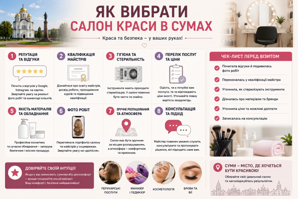 Інфографіка з порадами щодо вибору салону краси в Сумах, критеріями оцінки та чек-листом перед візитом sumskiy-salon-krasi.png