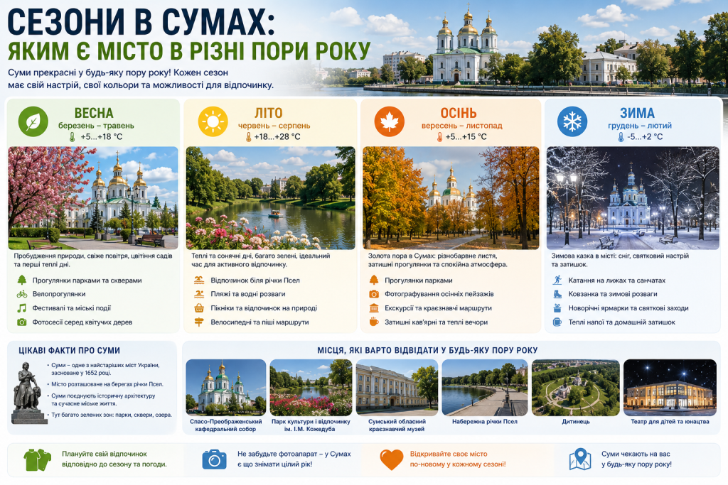 Інфографіка про Суми навесні, влітку, восени та взимку. Погодні особливості, цікаві місця, сезонні розваги та рекомендації для туристів у будь-яку пору року.