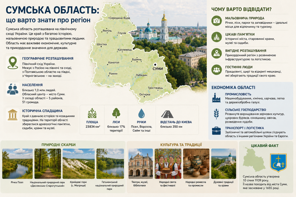 Інфографіка про Сумську область: карта регіону, географія, населення, природні скарби, економіка та культурні традиції