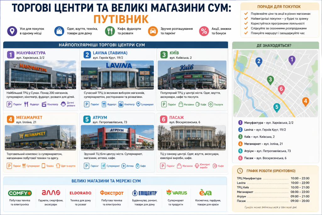 Інфографіка про популярні торгові центри та великі магазини Сум із картою, адресами та порадами для покупців