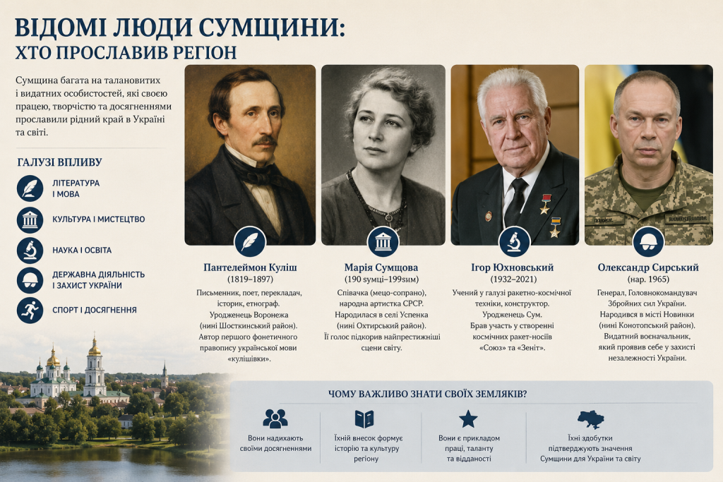 Інфографіка з портретами та біографіями видатних уродженців Сумщини: Пантелеймона Куліша, Марії Сумцової, Ігоря Юхновського та Олександра Сирського